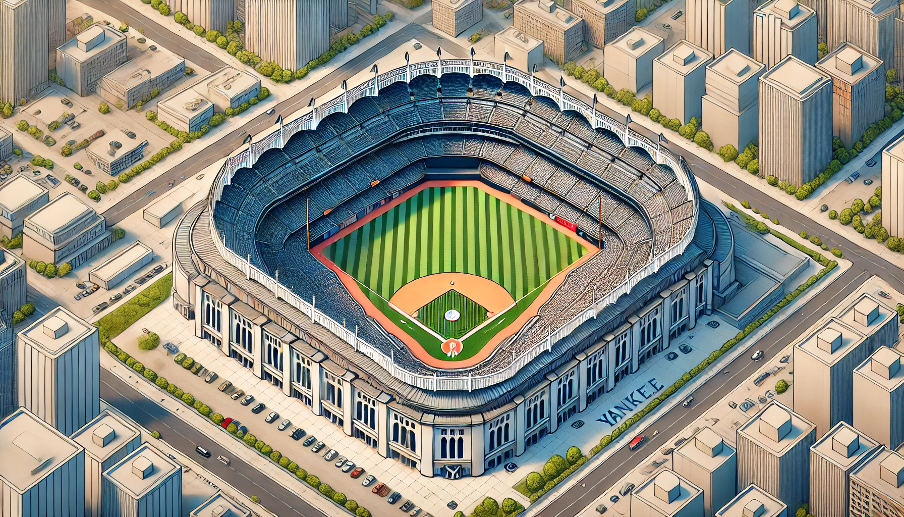 A detailed digital illustration of Yankee Stadium showcasing its compact field dimensions. The image highlights the short right-field fence and the relatively small outfield, emphasizing why it is considered a 'small' ballpark in Major League Baseball. The scene is set in daylight with a clear sky, capturing the full view of the stadium from a slightly elevated angle.