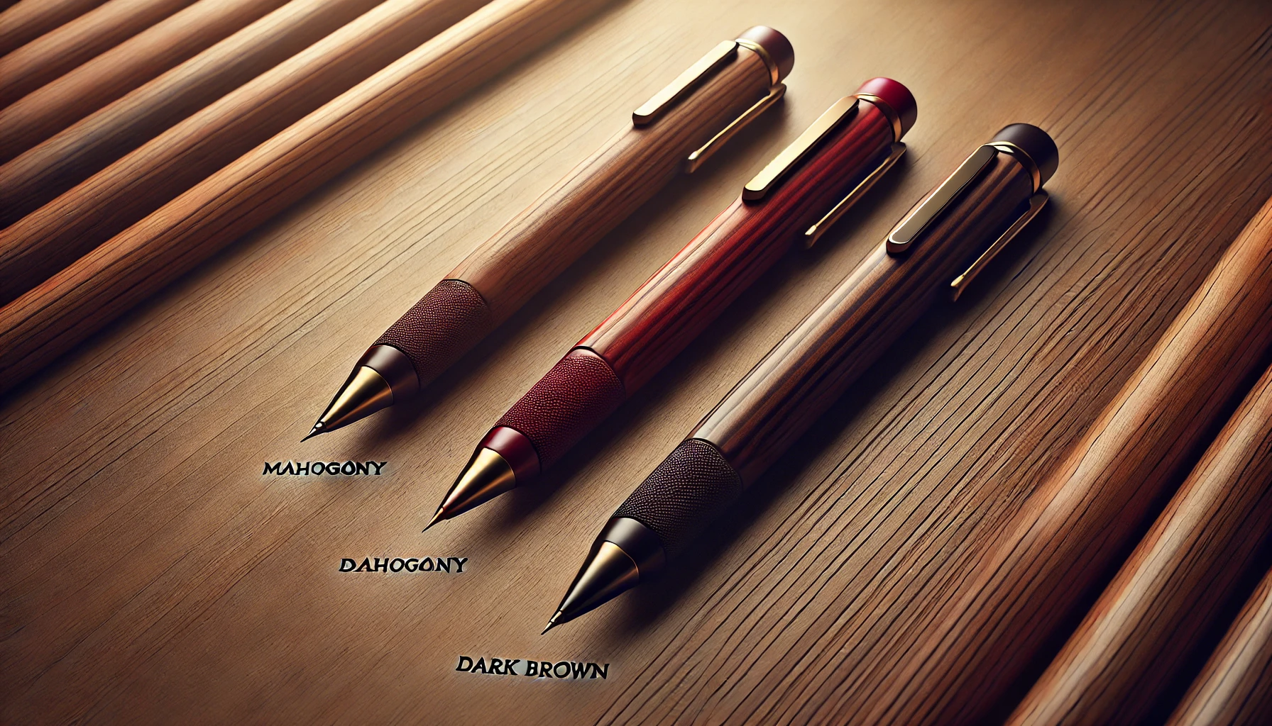 A high-quality wooden mechanical pencil displayed in three different colors: Mahogany, Deep Red, and Dark Brown. The pencils are neatly arranged on a wooden desk with a soft, warm lighting that highlights their elegant grain texture. Each pencil is labeled with its respective color name. The background is minimalistic to emphasize the beauty of the pencils.